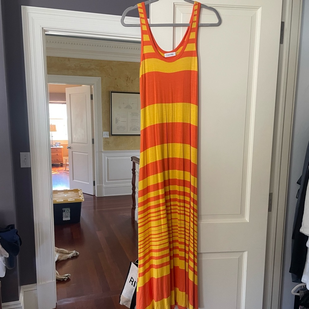 Calvin Klein orange and yellow maxi dress